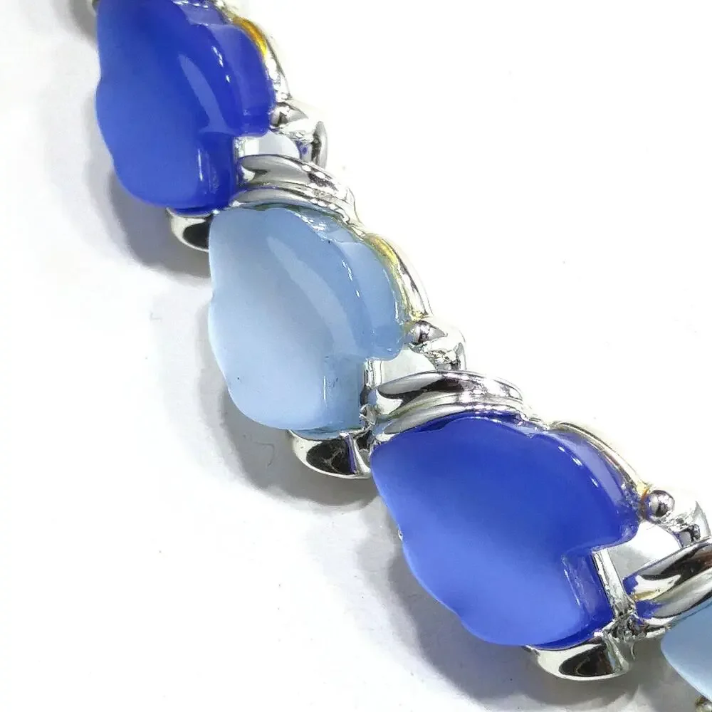 1960s Blue Lucite Leaf Necklace & Clip On Earrings Set Silver Tone Vintage